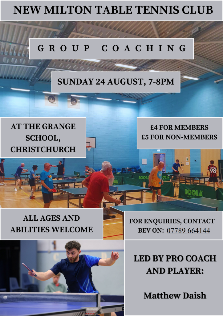 Group coaching

Sunday 24 August, 7-8pm.
At the Grange School, Christchurch.
All ages and abilities welcome.
£4 for members, £5 for non-members.
Led by pro coach and player: Matthew Daish.