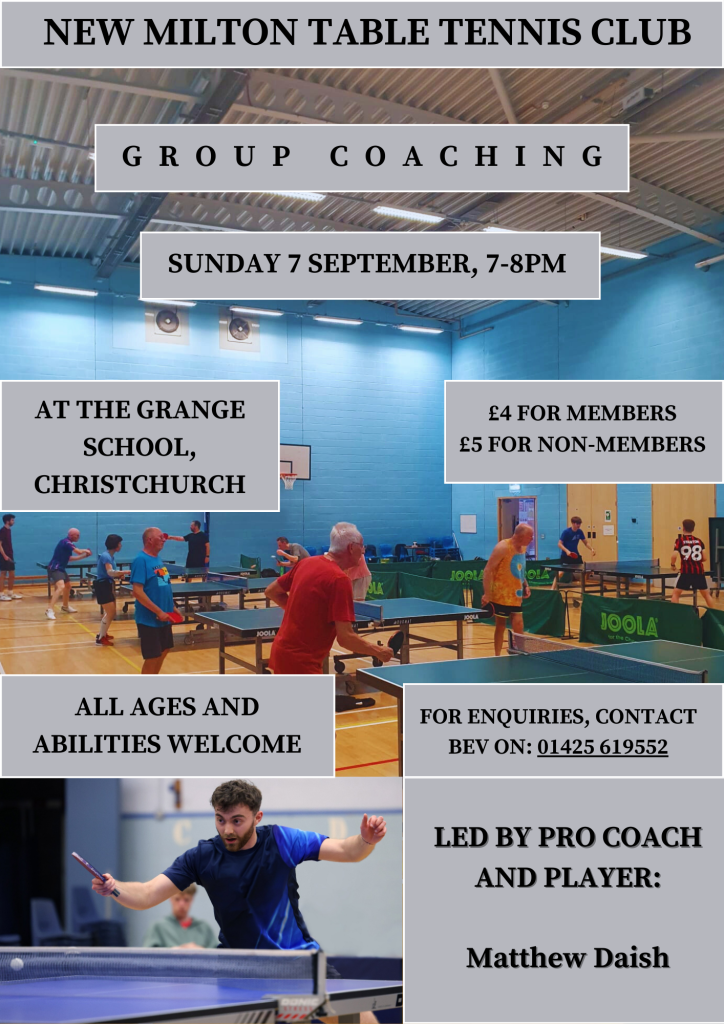 Group coaching

Sunday 7 September, 7-8pm.
At the Grange School, Christchurch.
All ages and abilities welcome.
£4 for members, £5 for non-members.
Led by pro coach and player: Matthew Daish.